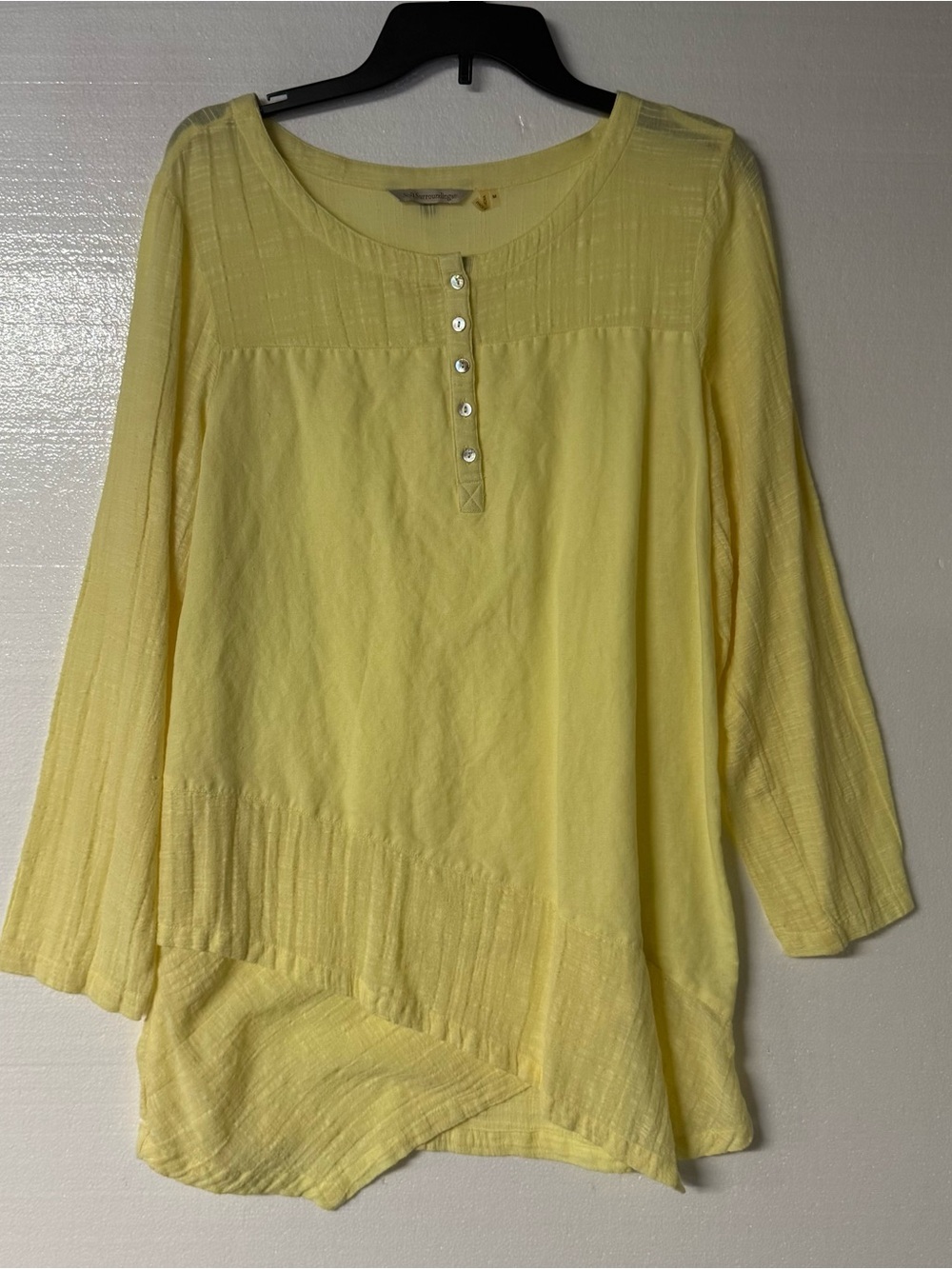 Soft Surroundings Women M Yellow Linen Cotton Henley Tunic Top Asymmetric Hem